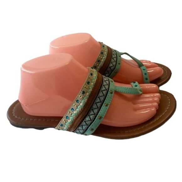 Aloha Island Sz 10M Turquoise Blue Brown Embellished Thong Sandals Slides Shoes - Picture 3 of 8